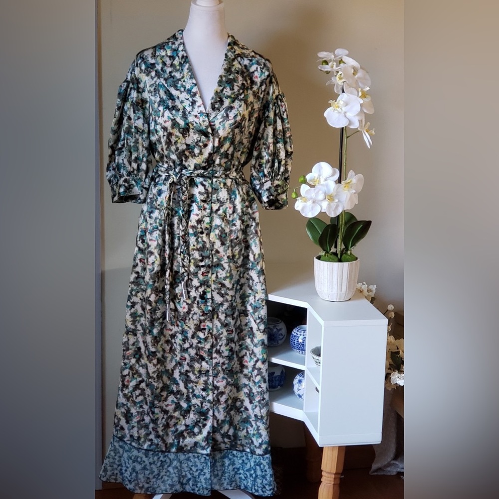 NWT DYVNA belted printed chiffon trimmed hammered silk satin midi length dress